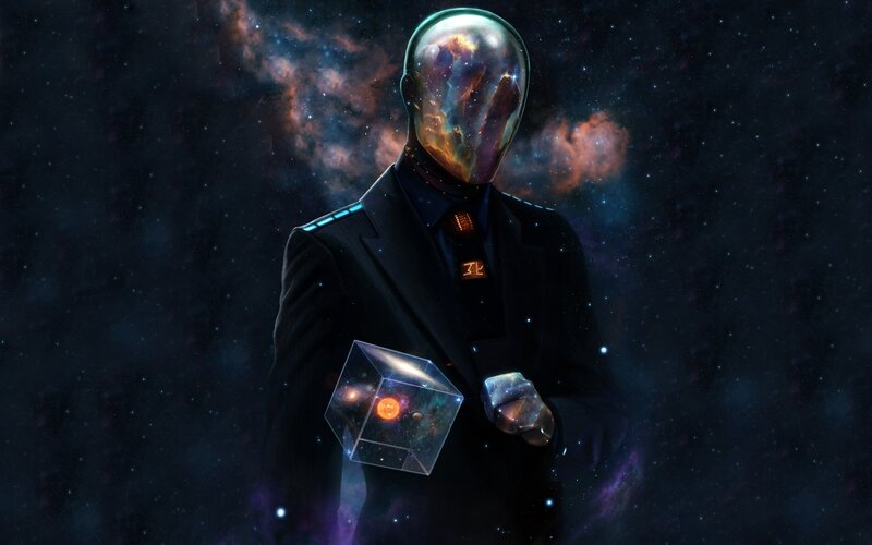 Figure in Space Suit — Black, Dramatic, Night, Digital Art, Cube, Nebula