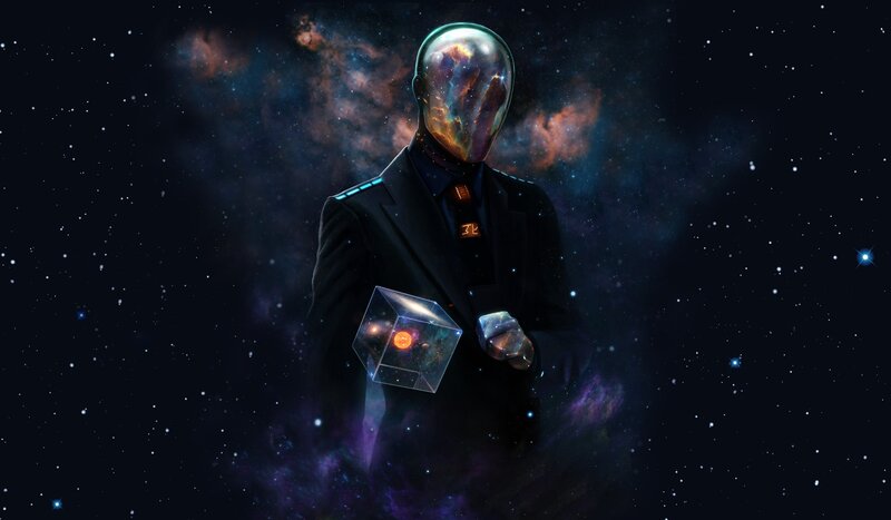 Figure in Suit Holding Cube — Black, Dramatic, Night