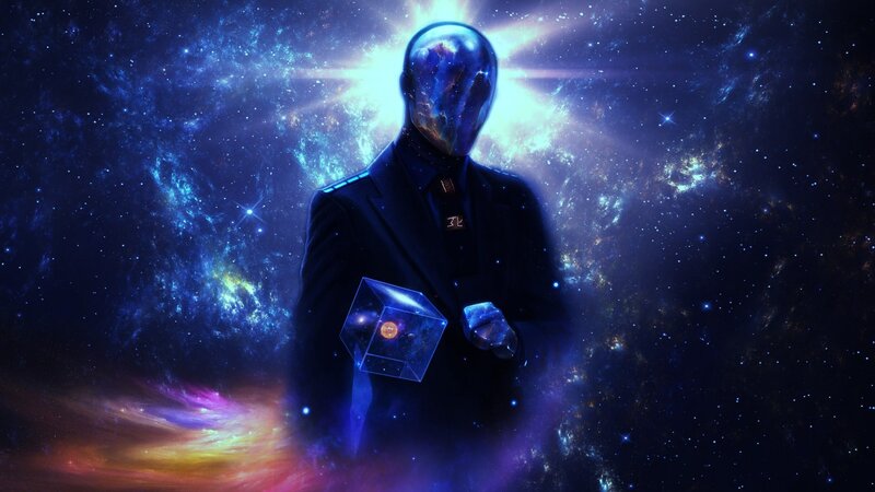 Figure in Suit Holding Cube — Blue