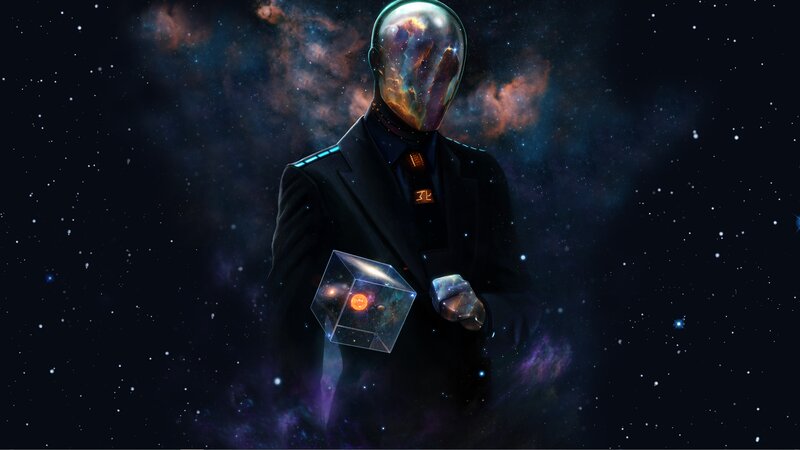 Figure in Suit Holding Cube