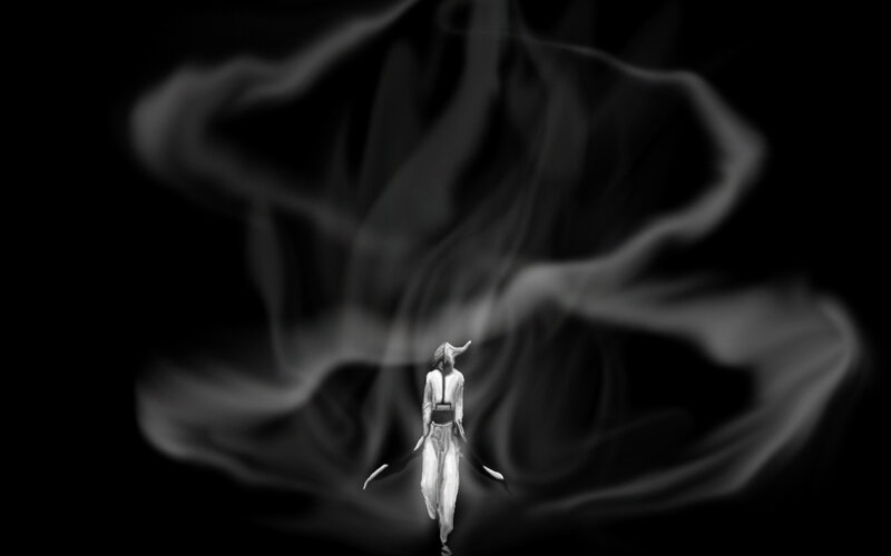 figure in swirling mist