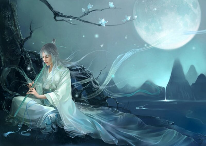 figure in white robes playing flute