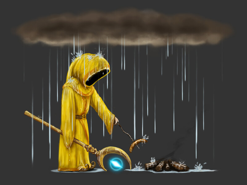 figure in yellow robe roasting sausage