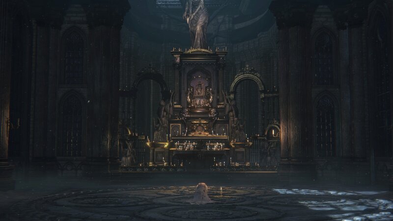 Figure Kneeling in Cathedral