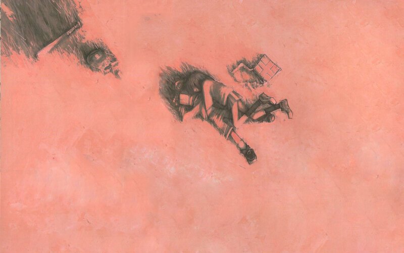 Figure lying on pink ground