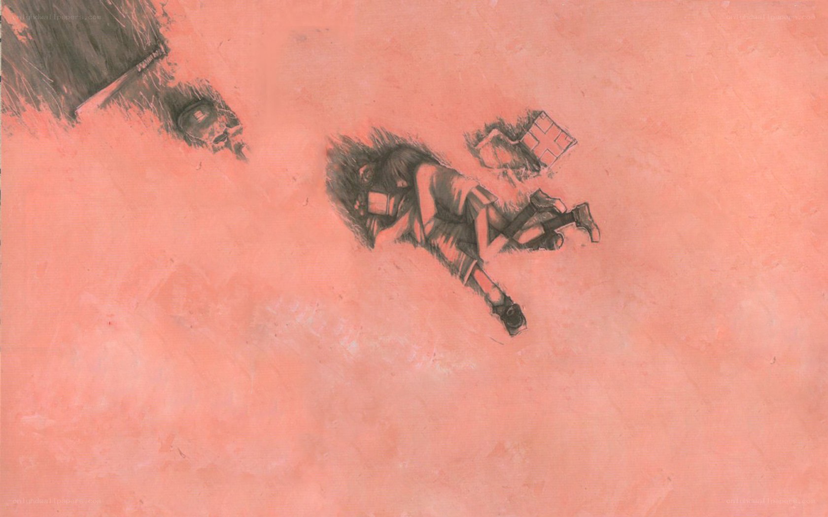 Figure lying on pink ground