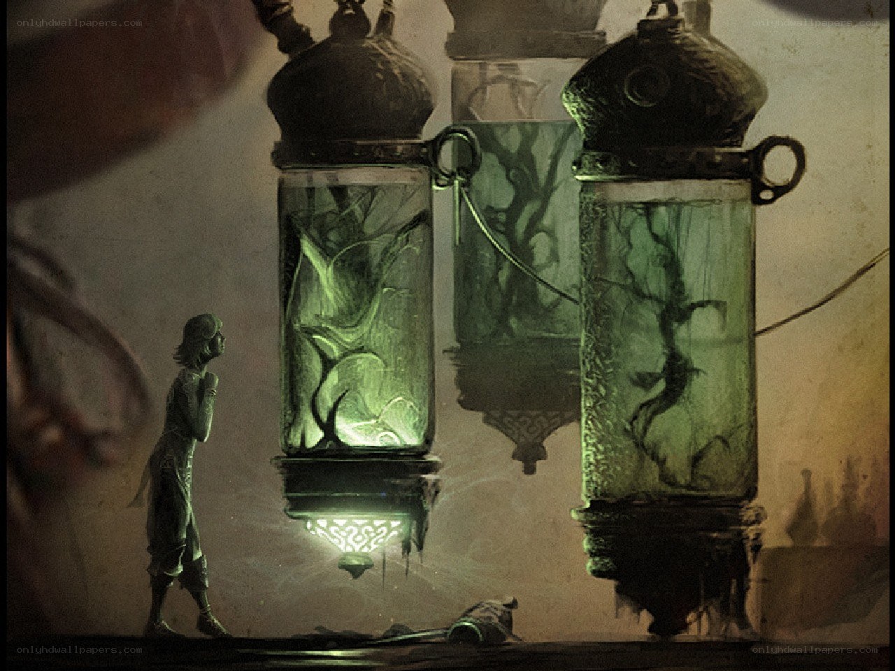 figure observing glowing vials