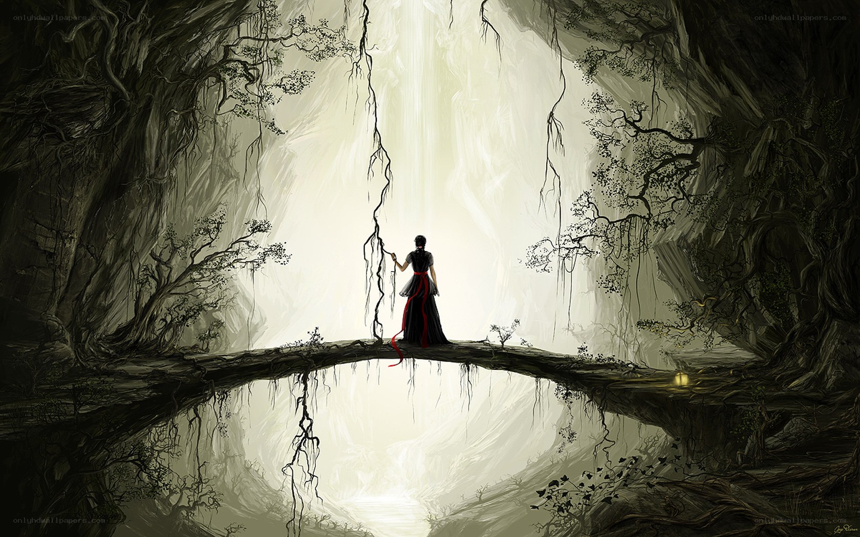 figure on a bridge in a cave