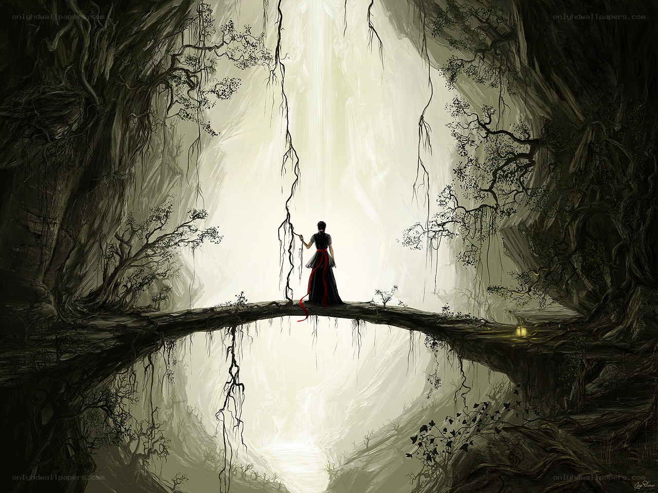 figure on a bridge in a cave