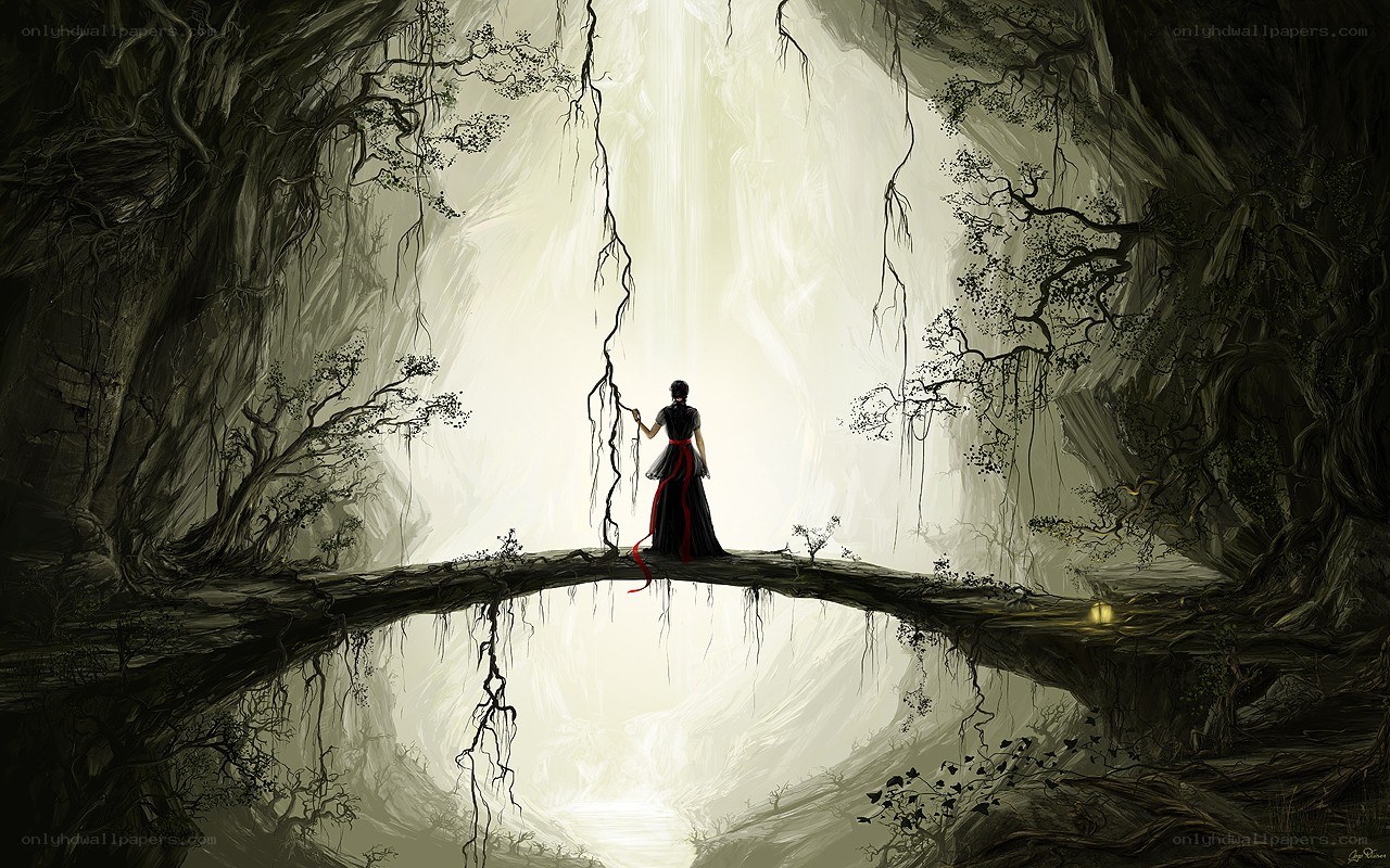 figure on a bridge in a cave
