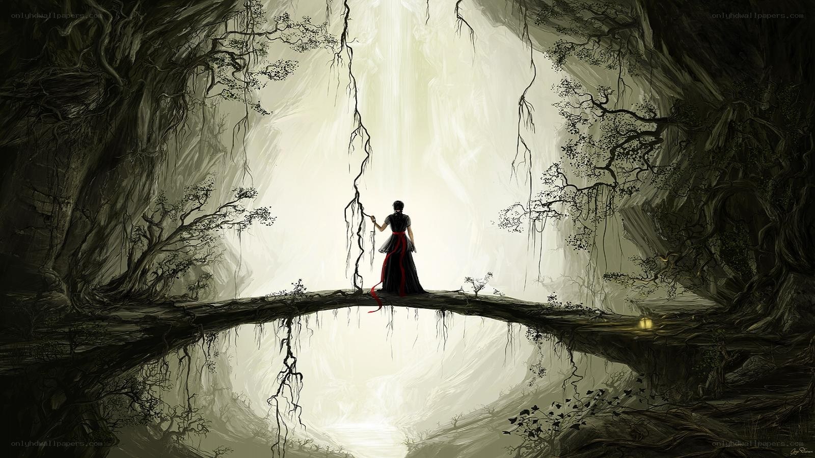 figure on a bridge in a cave