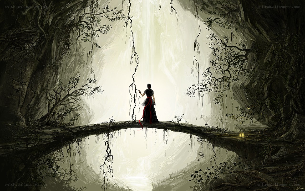 figure on a bridge in a cave