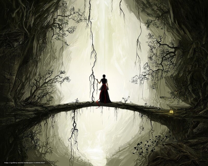 figure on a bridge in a cave