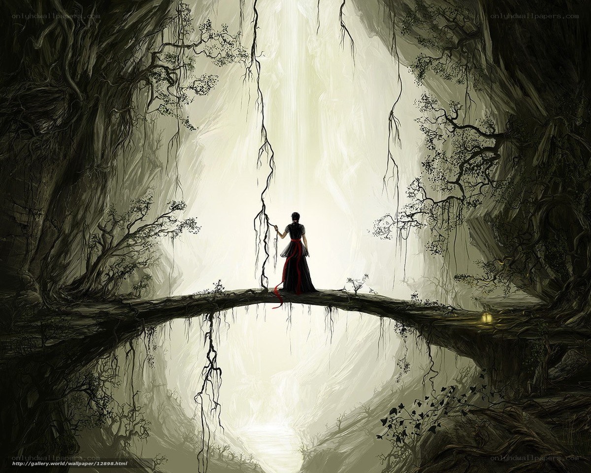 figure on a bridge in a cave