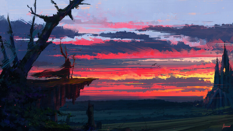 Figure on a Cliff at Sunset — Red