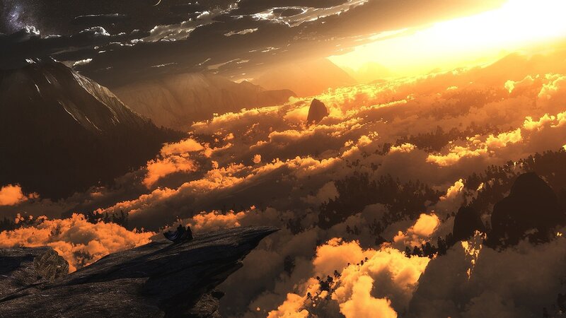 Figure on a Cliff — Orange, Dramatic, Sunset, Digital Art, Mountains, Clouds