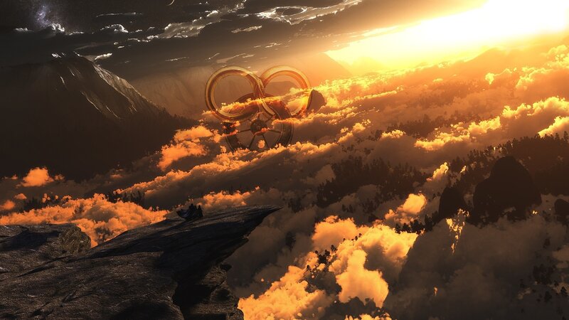 Figure on a Cliff — Orange, Dramatic, Sunset, Digital Art, Mountains