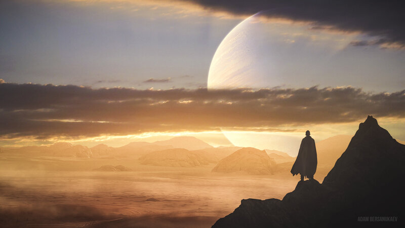 Figure on a Cliff — Orange, Dramatic, Sunset, Digital Art, Planet