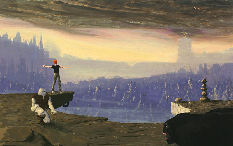 Figure on a cliff overlooking a city