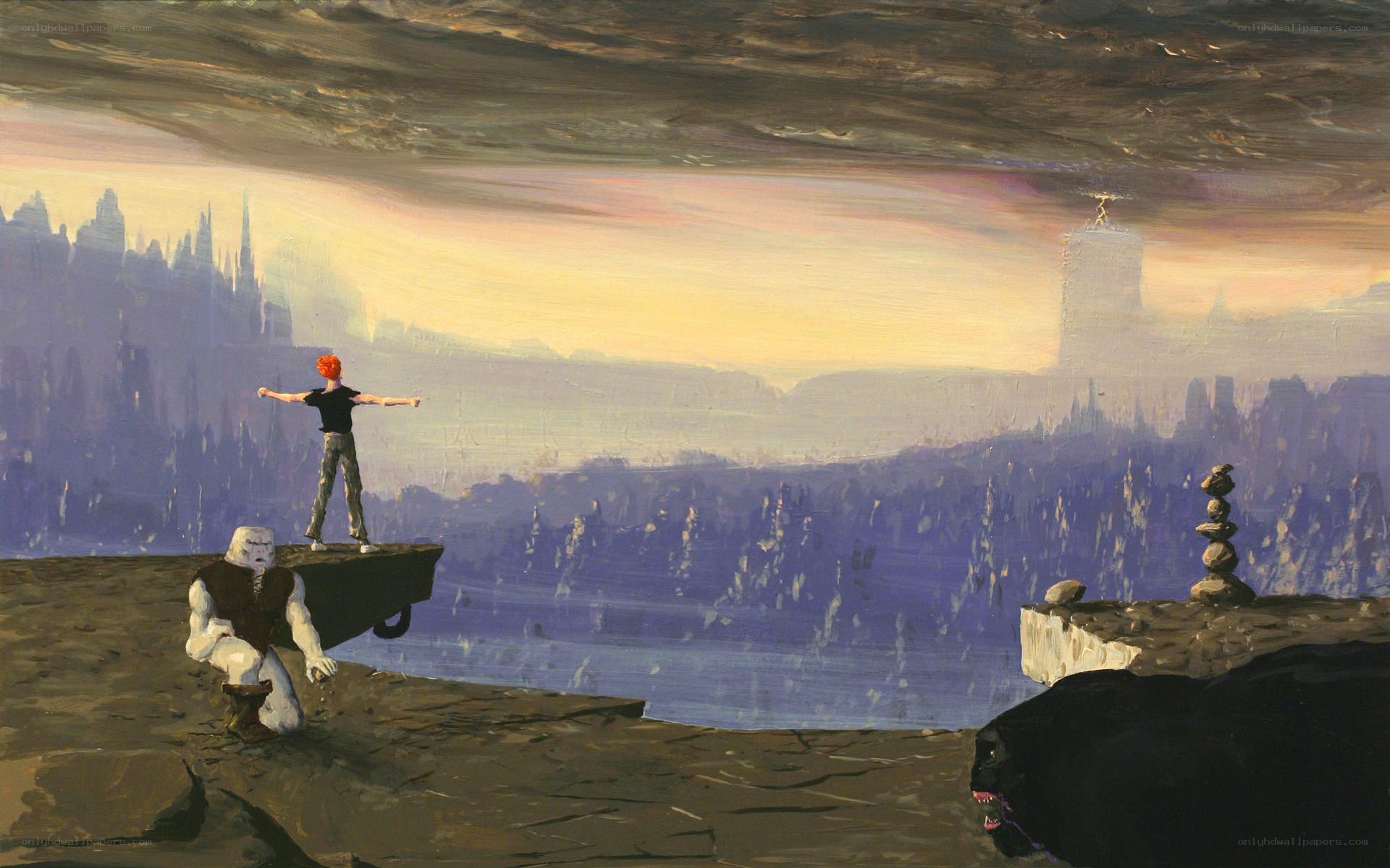 Figure on a cliff overlooking a city