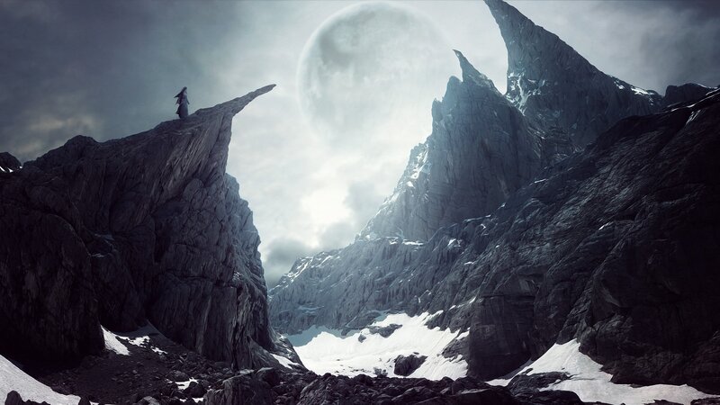 Figure on a Mountain Peak — Gray, Dramatic