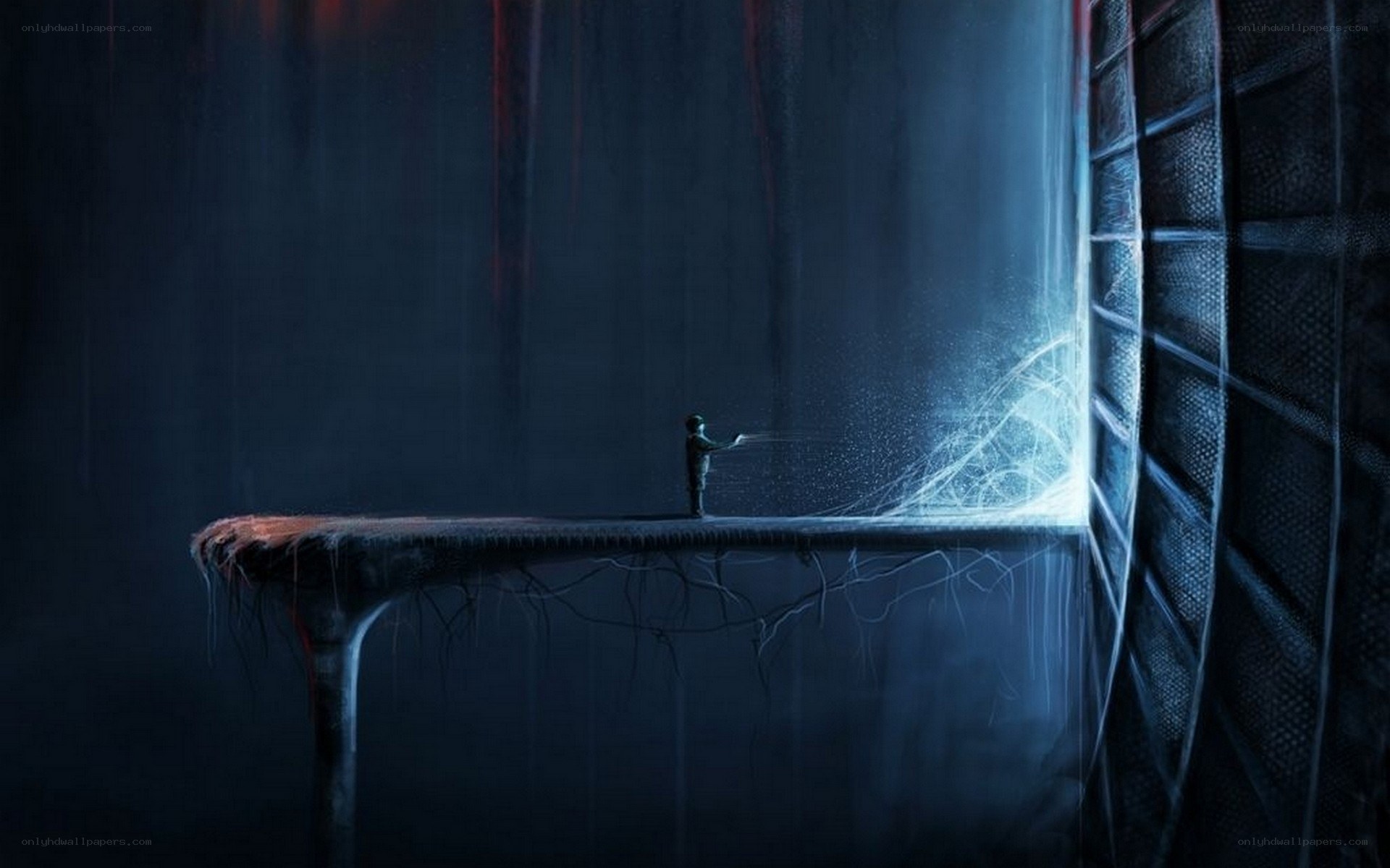 figure on a platform with light