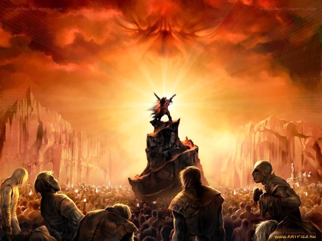 Figure on a rock in fiery sky