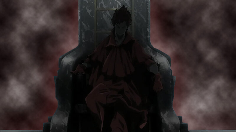 figure on a throne in dark setting