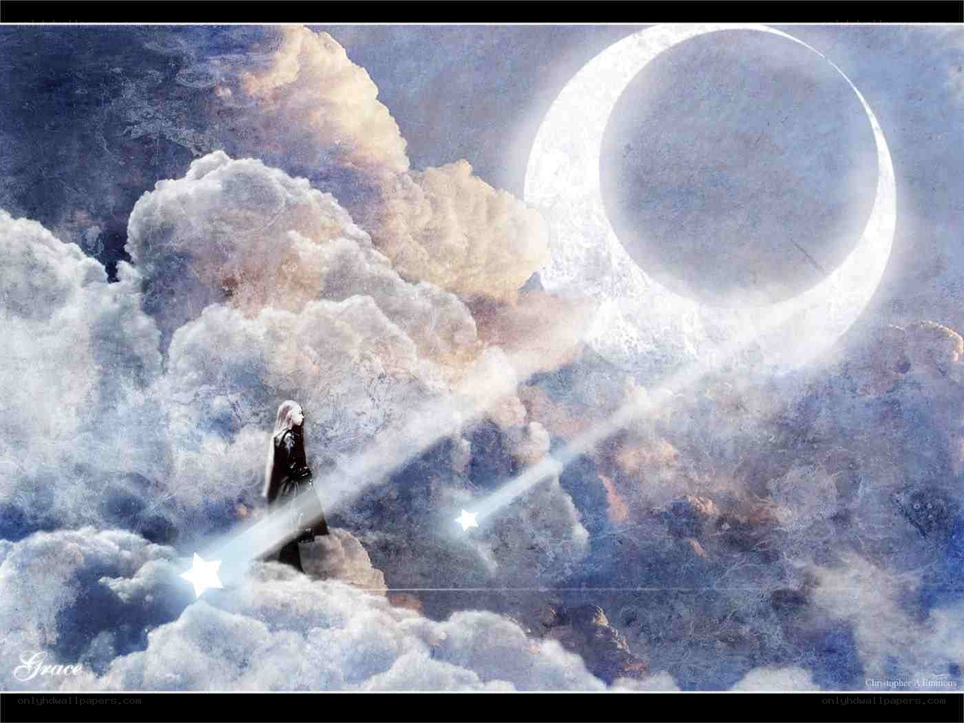 figure on clouds with crescent moon