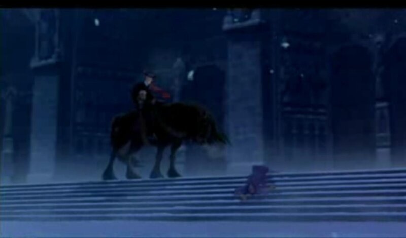 figure on horse in dark city