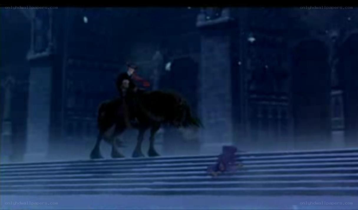 figure on horse in dark city