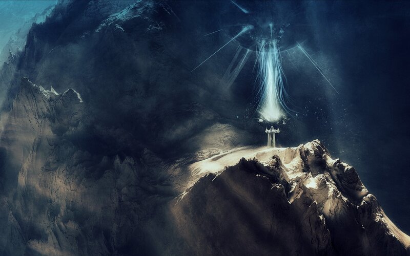 Figure on Mountain Peak — Blue, Dramatic, Night