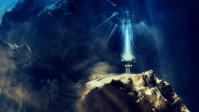Figure on Mountain Peak — Blue