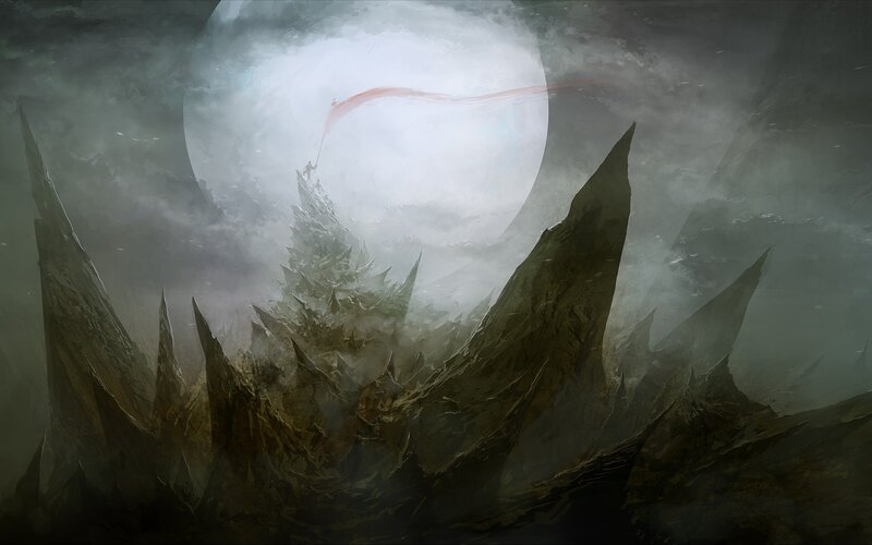 Figure on Mountain Peak — Gray, Dramatic, Night, Digital Art