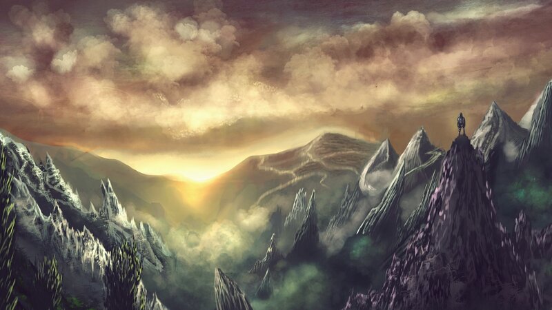 Figure on Mountain Peak — Gray, Dramatic, Sunset