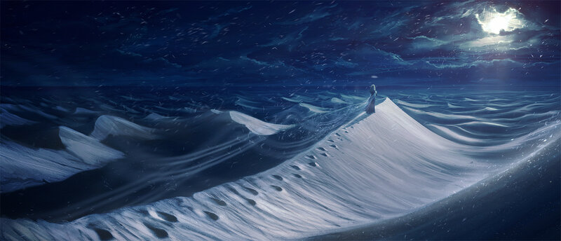 Figure on Snowy Dune — Blue, Dramatic