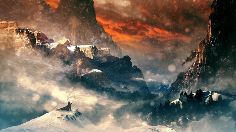 Figure on Snowy Peak — Orange, Dramatic