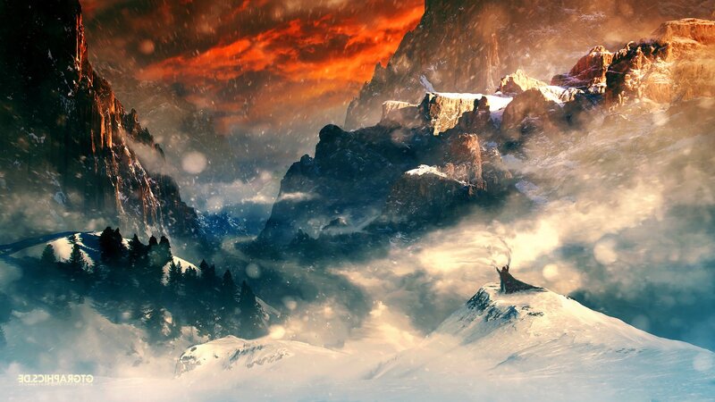 Figure on Snowy Peak — Orange, Dramatic, Winter, Digital Art, Mountains