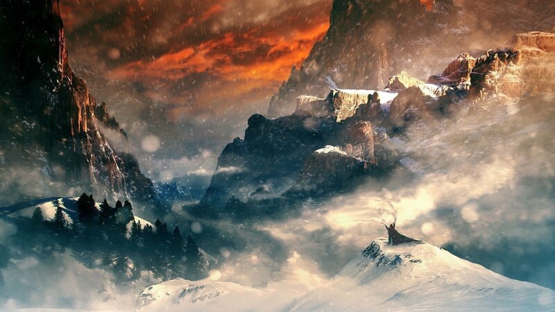 Figure on Snowy Peak — Orange, Dramatic, Winter, Digital Art