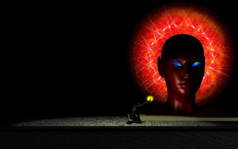 figure reaching for glowing head