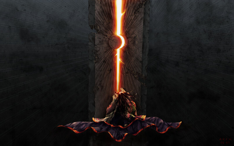 figure under glowing beam