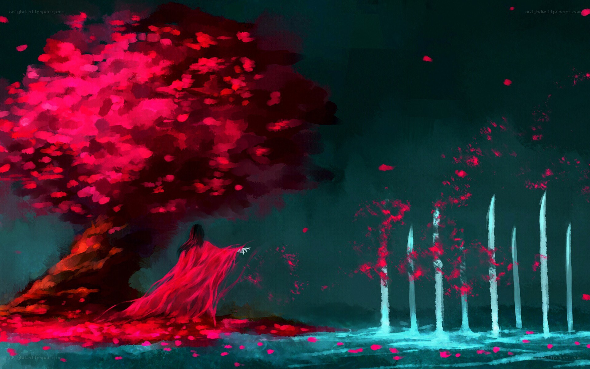 figure under red tree