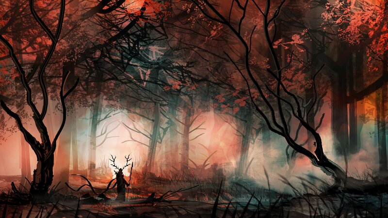 Figure with Antlers in Forest — Red