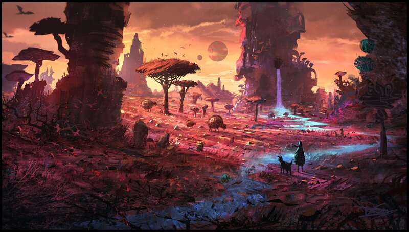 Figure with Dog in Alien Landscape