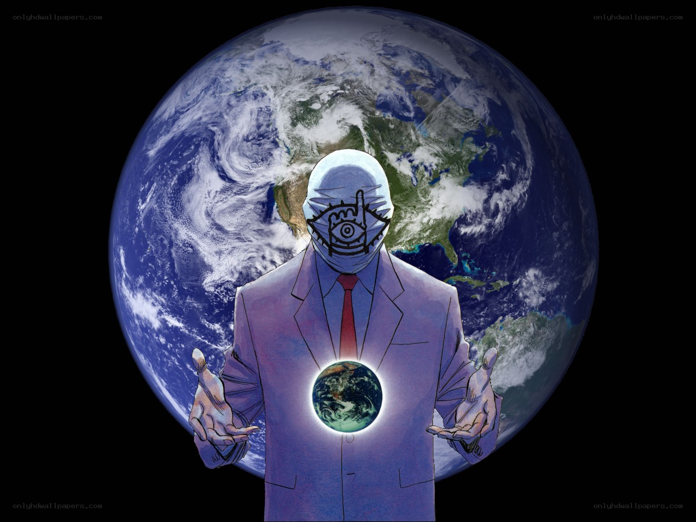 figure with eye mask and earth