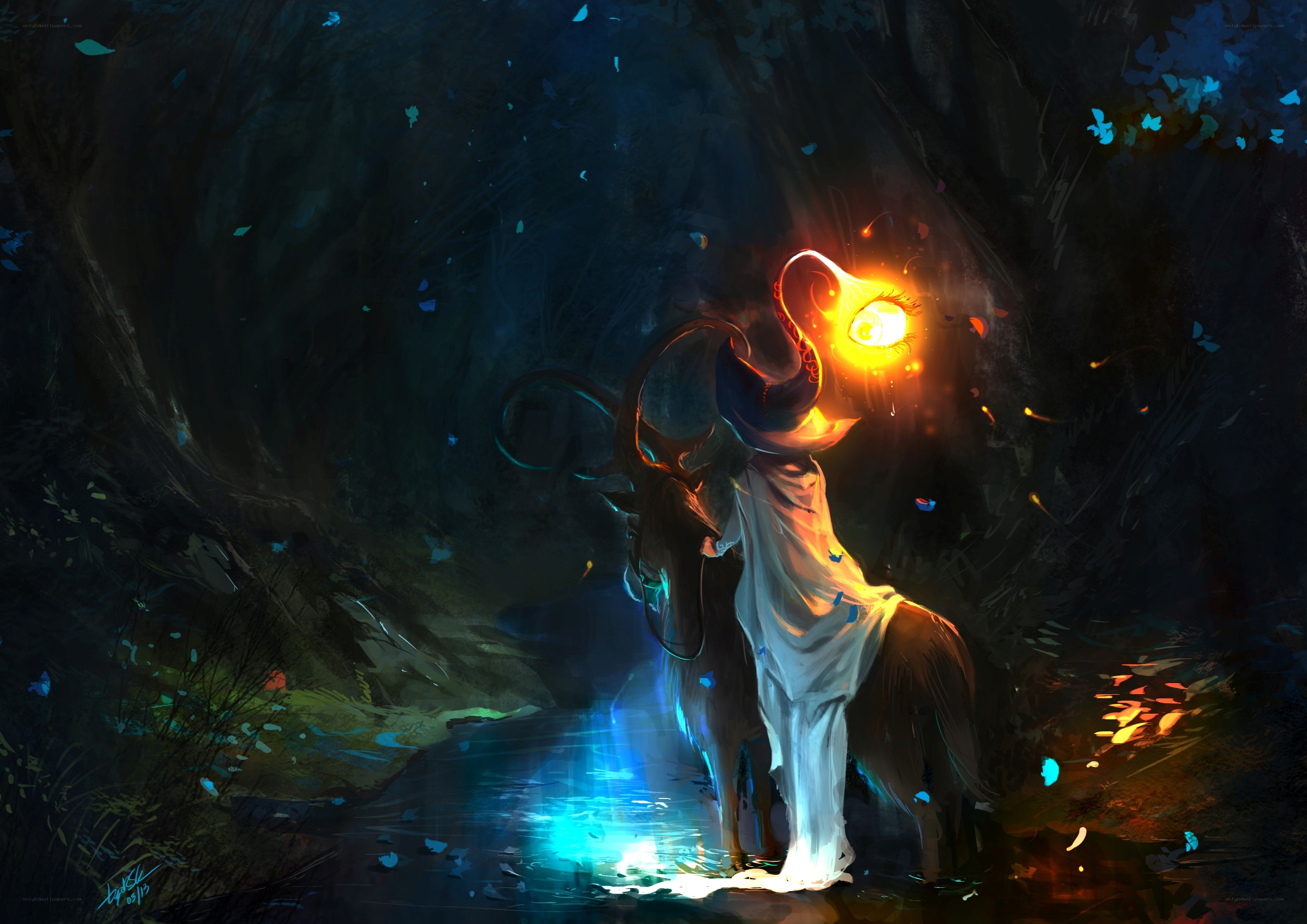 figure with glowing eye in dark forest