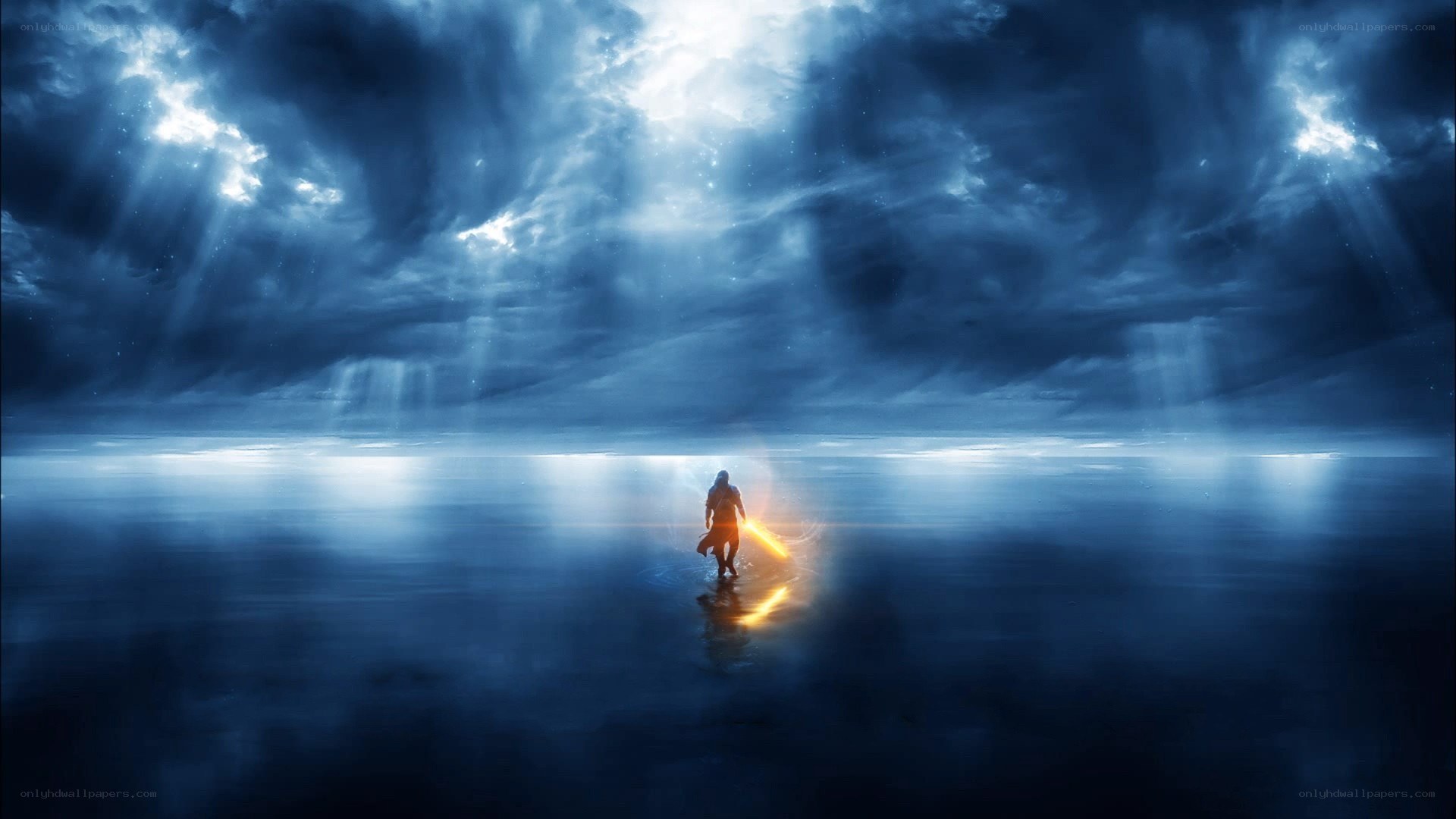 figure with lightsaber on water