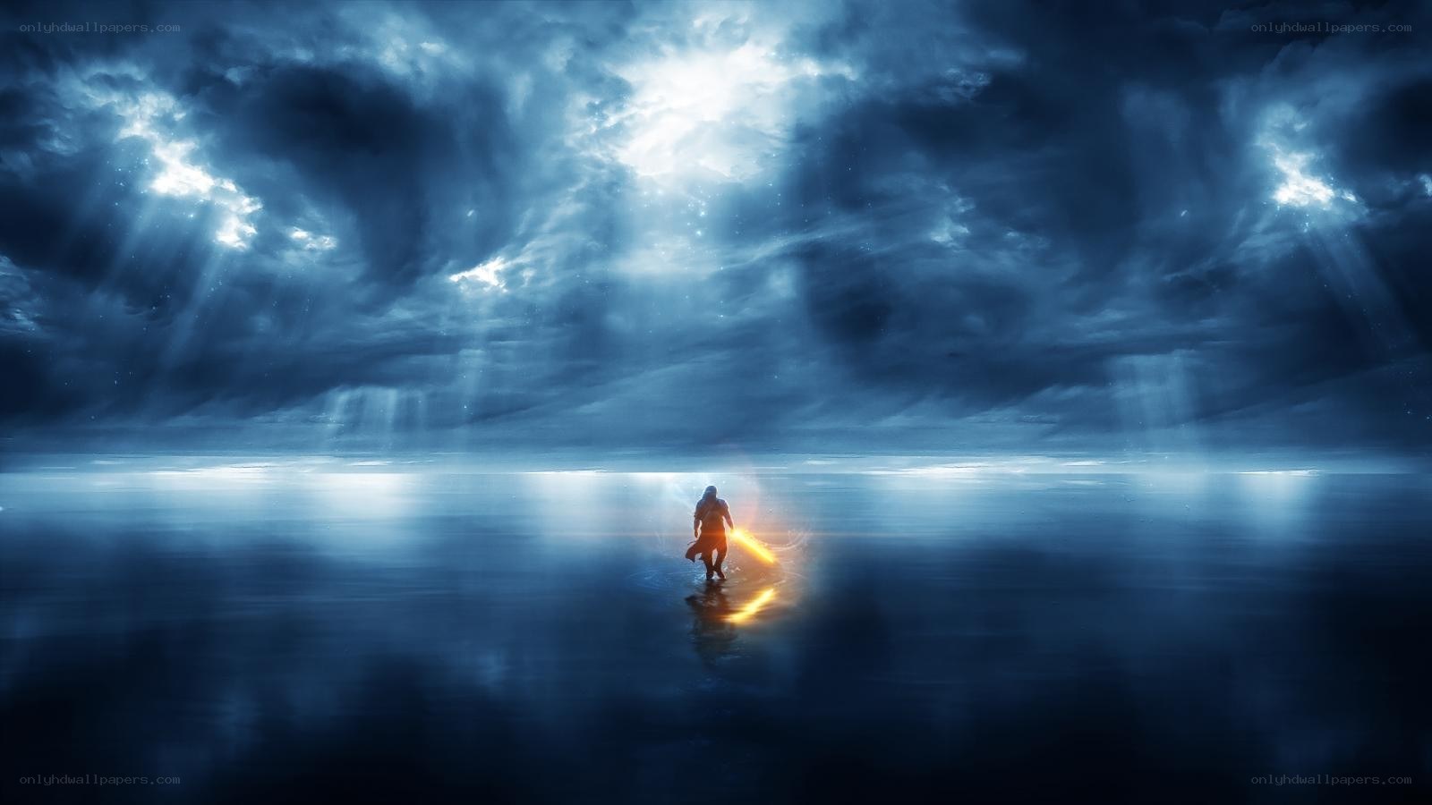 figure with lightsaber on water