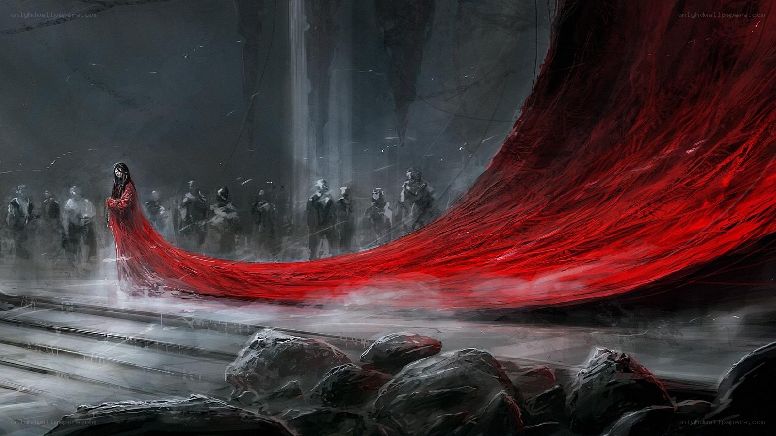 figure with red cape in dark hall