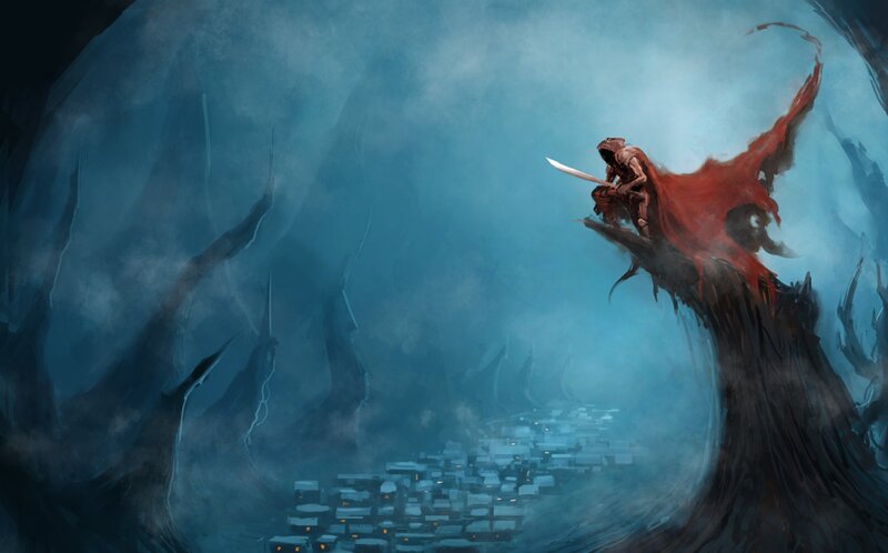 Figure with Red Cloak — Blue, Dramatic, Night